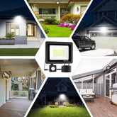 Collage of outdoor lighting fixtures in various settings including a house exterior, garden, and driveway.